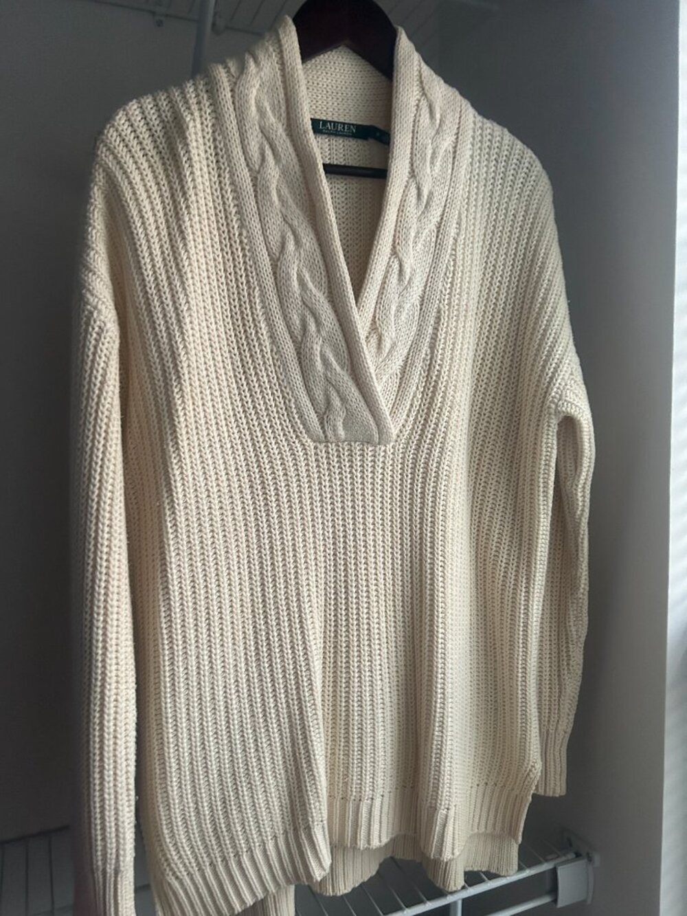Lauren Ralph Lauren Cream Cotton Shawl Collar Sweater – Small